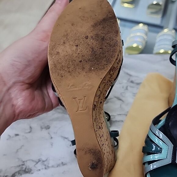 Authentic Louis Vuitton Blue Green Tri-Color Women's Cork Wedges Size 36 - Picture 6 of 9